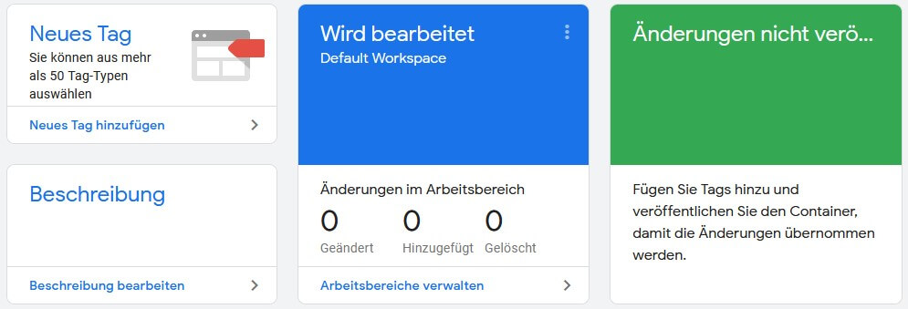 Interface des Google-Tools Google Tag Managers