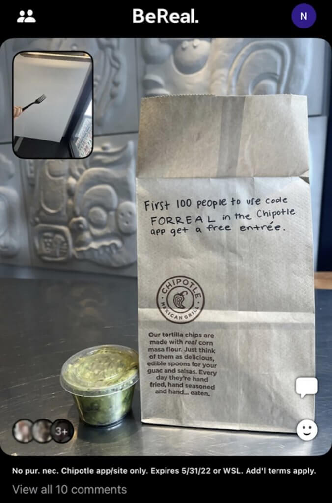 Die Fast-Food-Kette Chipotle wirbt mit Promo-Codes für Follower auf der App BeReal.