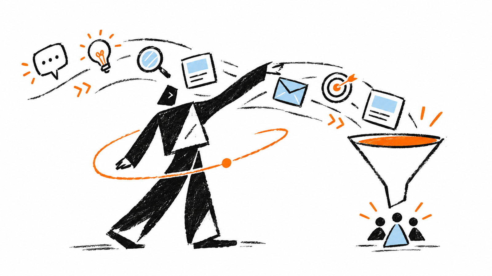 Paper Line Pesrson moving information into a funnel